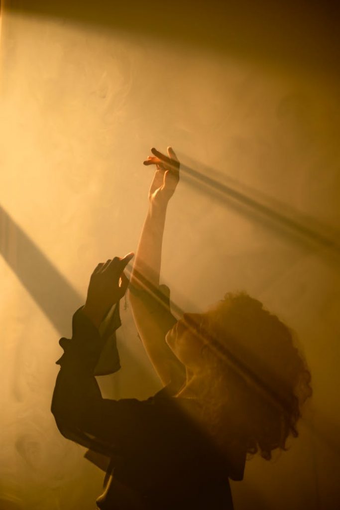 A woman in silhouette dances gracefully, enveloped in warm light and shadows, creating an artistic scene.