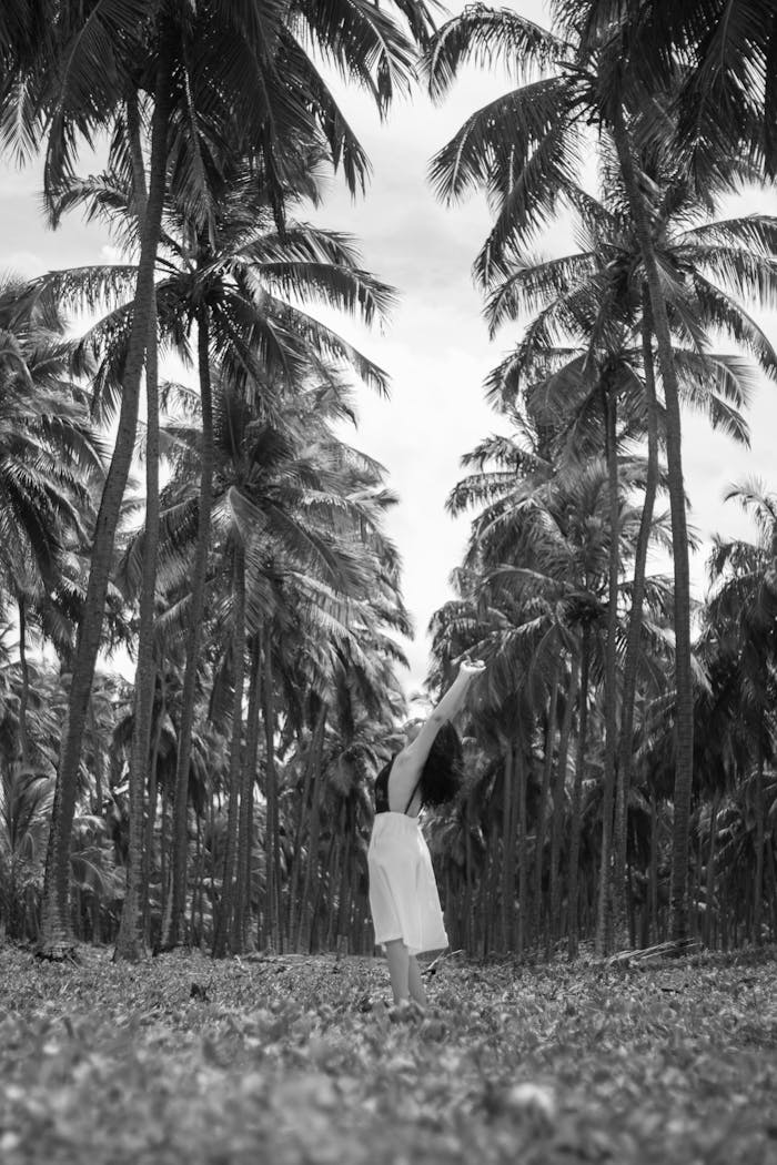 A woman dances gracefully in a tropical palm grove, captured in black and white.